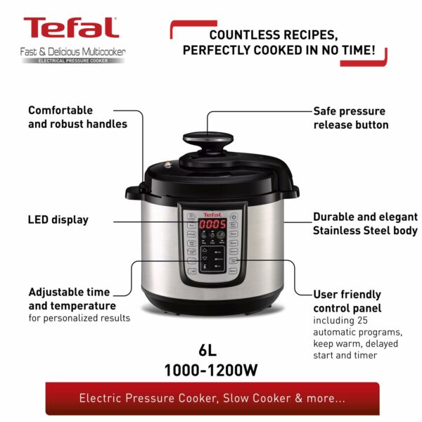 Tefal All-in-One 25-in-1 Electric Pressure Cooker, Multi Cooker, Slow Cooker, Steam, Reheat, Stew, Bake, Browning, 25 programs, Recipe Book Included, 6 Litres, Black/Stainless Steel, CY505E40