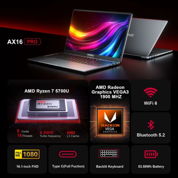ACEMAGIC 2025 Laptop Computer - 16.1'' FHD Display Laptop with AMD Ryzen 7 5700U Processor (Up to 4.3 Ghz), 16GB Ram DDR4x2 512GB SSD Notebook with Backlit Keyboard, Support WiFi 6