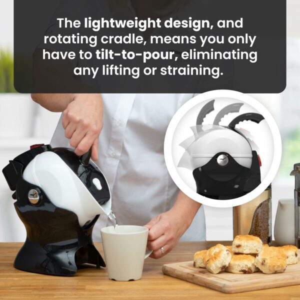 Uccello Electric Safety Kettle | Black Tipper Base Included | Effortless Pour Every Time | Daily Living Drinking Aid For Disabled and Seniors | 1.5 Liters | Black and White