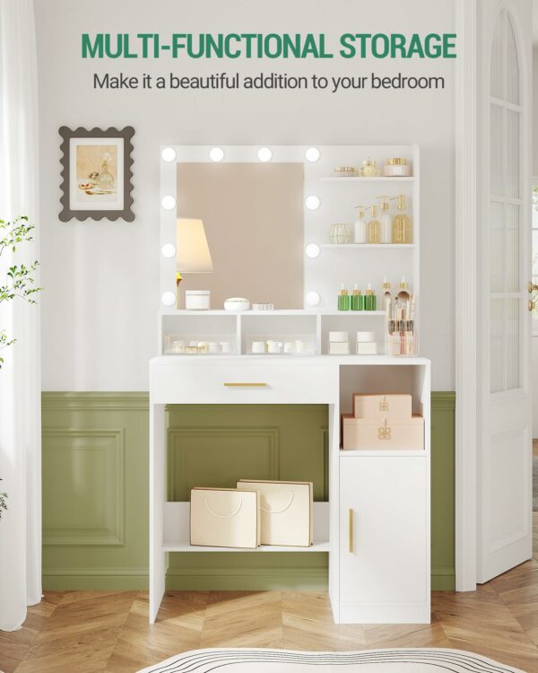 Hzuaneri Dressing Table with Mirror and 10 LED Lights,Vanity Table, Makeup Vanity with 3 Shelves & 4 Open Compartments, Large Drawer & Cabinet, Adjustable Lighting Brightness, White VT08103XUK