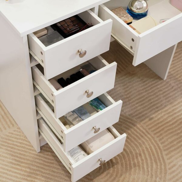 Tukailai White Vanity Dressing Table Set Corner Makeup Desk with 5 Drawers, 1 Slide Mirror, 7 Shelves and Stool Bedroom Furniture
