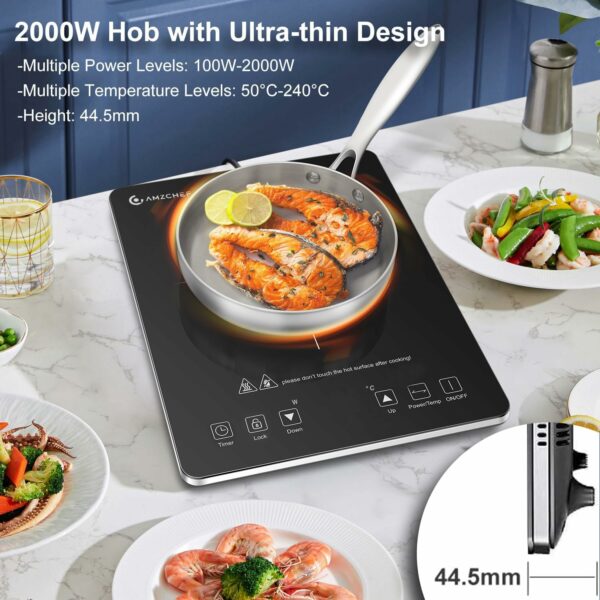 AMZCHEF induction hob with ultra-slim design, 10 temperature levels and 10 power settings, 2000 W induction plate with 3 hour timer, safety lock