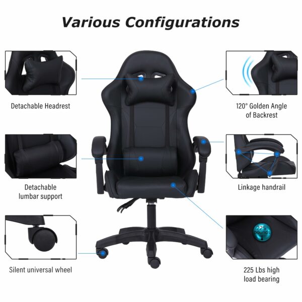 Millhouse Sport Desk Chair, Adjustable Office Gaming Racing Chair with Lumbar and Head Pillow, X3577 - Black