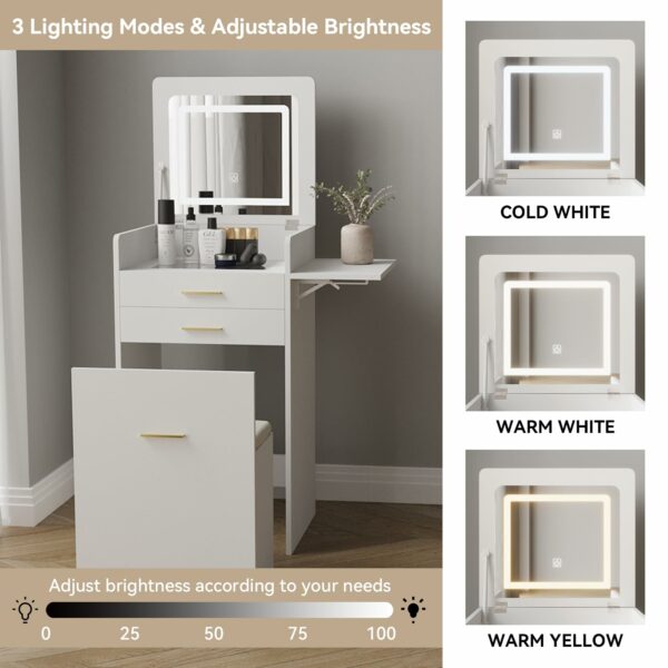 YOURLITE Dressing Table with Flip-top Mirror and LED Lights, Integrated Makeup Table for Small Spaces, Compact Small Vanity Desk Set with Fold-up Panel, Cushioned Storage Stool for Bedroom, White