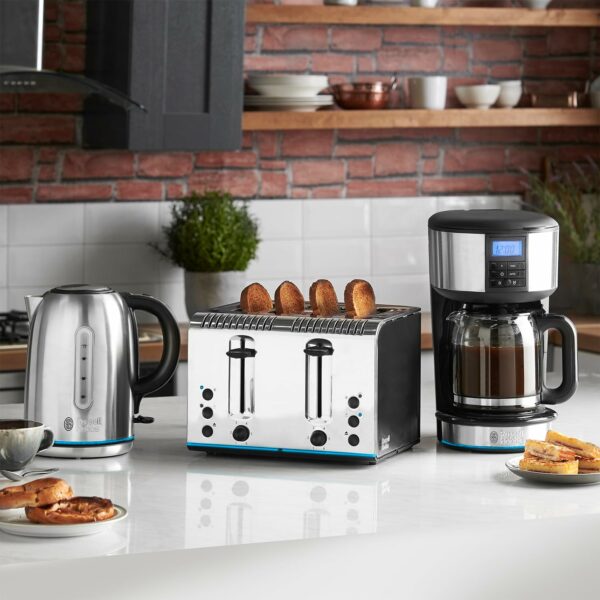 Russell Hobbs 4 Slice Buckingham Toaster with Fast toast technology - (Blue light strip indicates toasting, Independent & Extra wide slots, 2400W, Polished & Brushed Stainless Steel) 20750