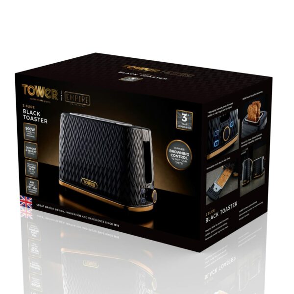 Tower T20054BLK Empire 2 Slice Toaster with Defrost/Reheat, Removable Crumb Tray, 900W, Black and Brass