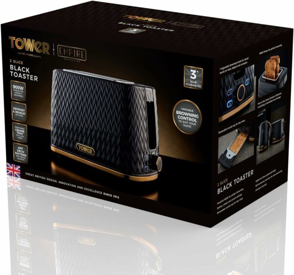 Tower T20054BLK Empire 2 Slice Toaster with Defrost/Reheat, Removable Crumb Tray, 900W, Black and Brass