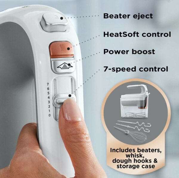 Breville HeatSoft Electric Hand Mixer | Warms Butter for Better Results | 7 Speed Hand Whisk with Powerful 270W Motor | Includes Whisk, Beaters, Dough Hooks & Storage Case [VFM021]