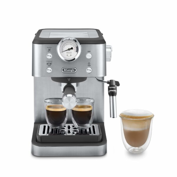 De'Longhi Linea Classic EM450.M, Manual Coffee Machine with Steam Rod, Espresso Machine with Barista Pump, Nozzle for Cappuccino, Double Wall Filter, 15bar, Cup Up to 13 cm, Stainless Steel/Metal