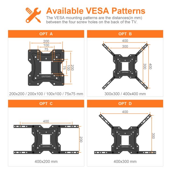 GRIFEMA GB1004 Swivel TV Wall Bracket, for 26-55 inch Screens, for Flat & Curved TV up to 30KG, Tilt (+ 5°，-10°), VESA Mount 75x75MM to 400X400MM,Black