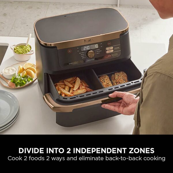 Ninja Foodi FlexDrawer Air Fryer, Dual Zone with Removable Divider, Large 10.4L Drawer, 7-in-1, Air-Fryer, Air Fry, Roast, Bake, Crisp, Non-Stick Dishwasher Safe Parts, Black and Copper, AF500UKCP