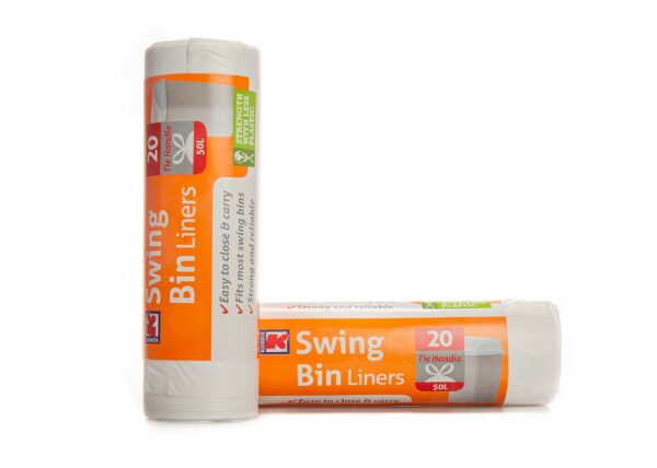 Kordis Strong Tie Handle Swing Bin Bag Liners - 6 Rolls x 20 Bags. 50L White Plastic Bin Bags For Kitchen Bins