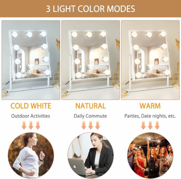 FENCHILIN Vanity Mirror with Lights Makeup Mirror with Lights 9 LED Bulbs Lighted Hollywood Mirror Light up Vanity Mirror 360° Rotation 3 Color Lighting Modes 10X Magnifying Dressing Table Mirror
