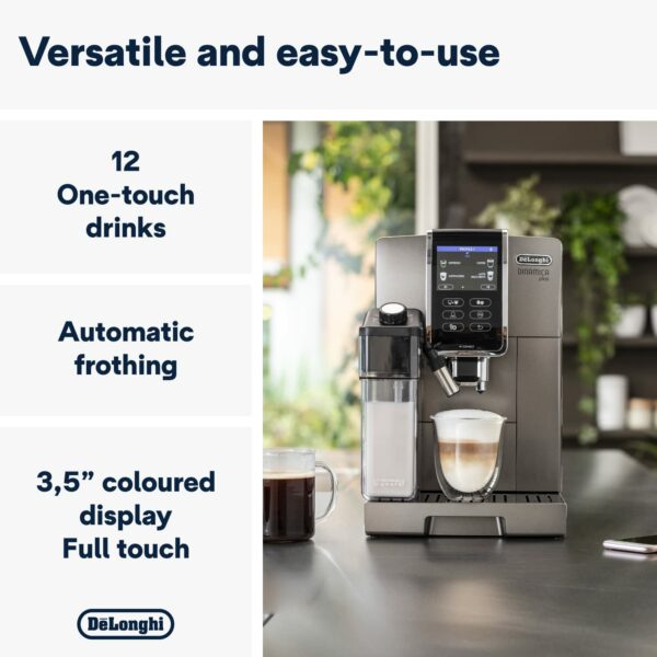 De'Longhi Dinamica Plus ECAM370.95.T, Automatic Bean to Cup Coffee Machine, LatteCrema Hot Milk Frother, Smart One Touch Technology, App, 3.5" Touchscreen, My Function, 1450W, Titanium