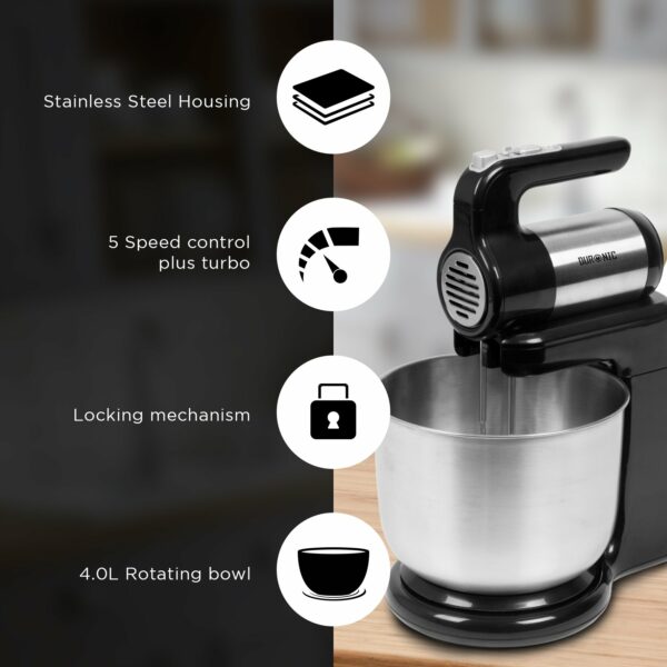 Duronic SM3 Twin Hand and Stand Mixer Set Electric | 300W | Black & Stainless Steel |Baking | 5 Speed | Turbo Function | 4 Litre Bowl | 2 Beaters | 2 Hooks | 1 Whisk