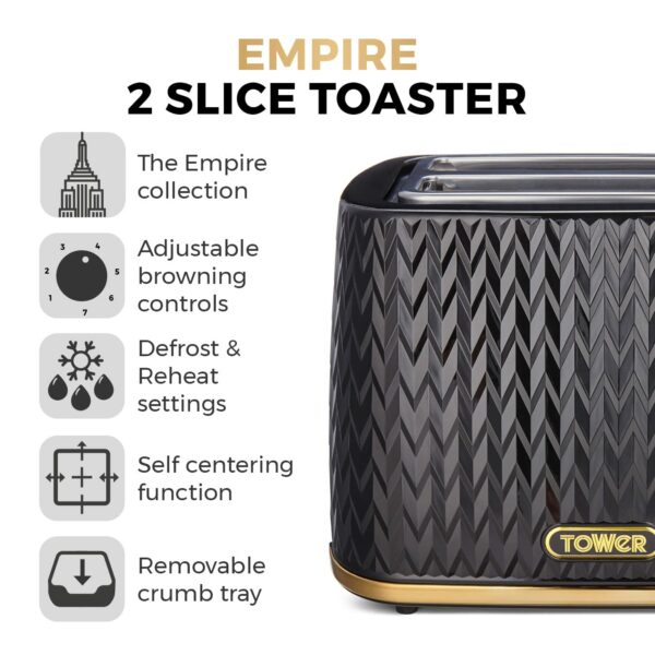 Tower T20054BLK Empire 2 Slice Toaster with Defrost/Reheat, Removable Crumb Tray, 900W, Black and Brass