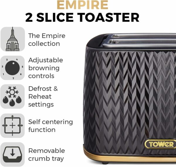 Tower T20054BLK Empire 2 Slice Toaster with Defrost/Reheat, Removable Crumb Tray, 900W, Black and Brass