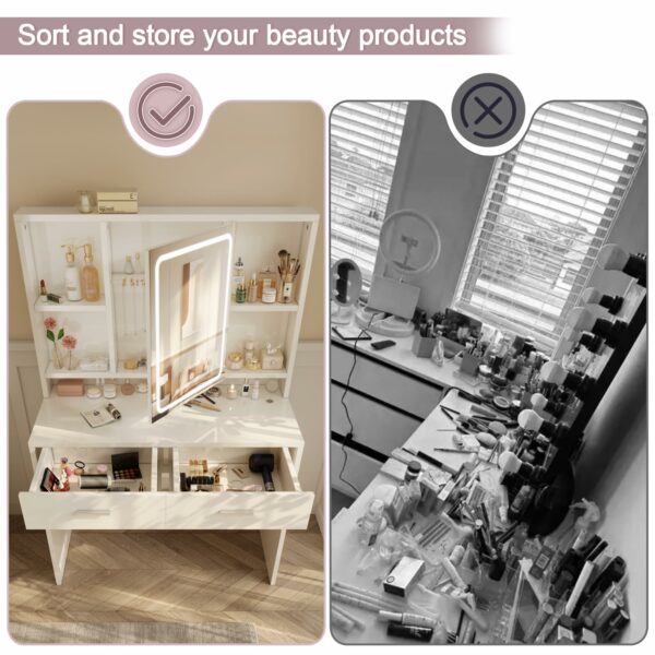 Devoko Dressing Table with LED Lights, 3 Light Colours, Adjustable Brightness,Vanity Desk with 2 Drawers, Jewellery Storage and Open shelves, Makeup Desk with Mirror, 90×40cm (White)