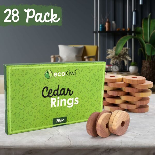 ecoKiwi Moth Repellent for Wardrobes Cedar Rings - 28 Pack - 100% Natural Cedar Balls - Anti Moth Products - Cedarwood Oil Moth Repellent for Rooms & Clothes - Moth Balls for Wardrobe with Sandpaper
