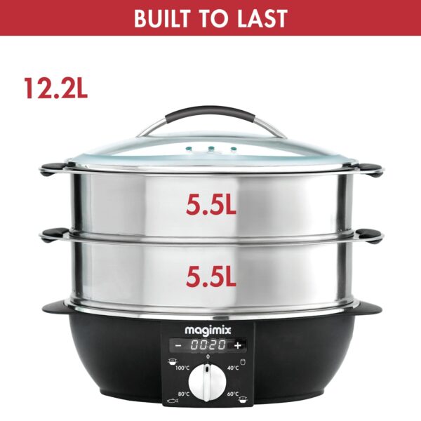 Magimix Multifunctional Food Steamer | 2 Tiers & Removeable Base | 12.2L Capacity | Stainless Steel, 11581