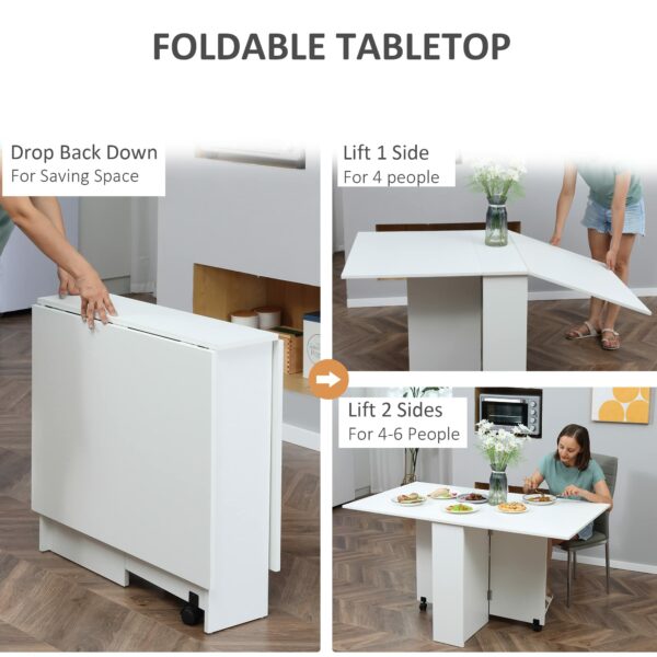 Homcom Folding Dining Table, Drop Leaf Table with 2-Tier Shelves, Rolling Casters, for Small Spaces, Kitchen, White