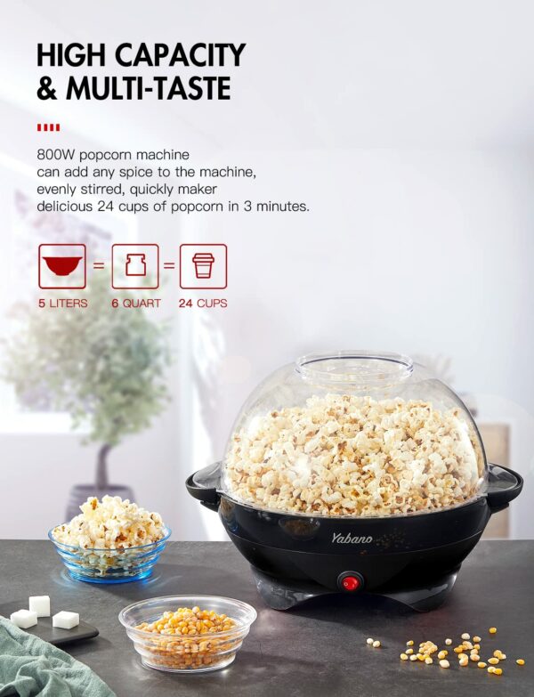 Yabano Popcorn Maker Machine, 5L Popcorn Popper, Nonstick Plate, Electric Stirring with Quick-Heat Technology, Cool Touch Handles, Healthy Less Fat, 800W, BLACK