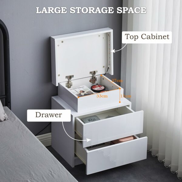 Tukailai Set of 2 White Bedside Table with 2 Drawers and Top Storage, Modern Gloss Front Bedside Cabinet with LED Lights