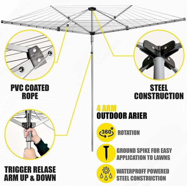 Rotary Washing Line Outdoor, Heavy Duty Large Clothes Rotating Airer Dryer Garden use, Easy to Open and Close