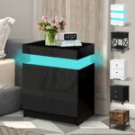 Elfordsen Led Bedside Table with 2 Drawers and 1 Top Drawer, Bedside Cabinet with 4-side High Gloss