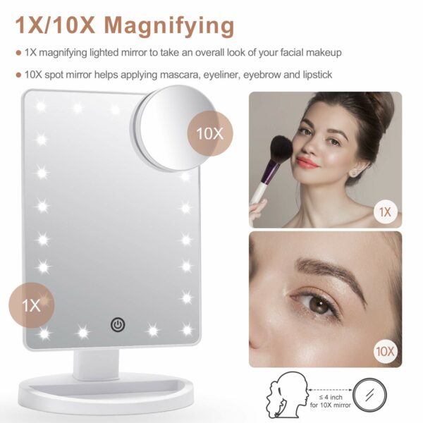 FASCINATE Makeup Vanity Mirror with Lights and Detachable 10X Magnification, 21 Led Lights Adjustable Dimming Touch Sensor, Dual Power Supply, 180° Rotation, Portable Cosmetic Mirror