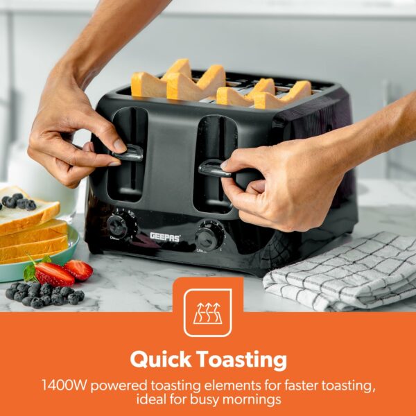 Geepas 4 Slice Bread Toaster with 6 Level Browning Control | Removable Crumb Tray, Cancel Function