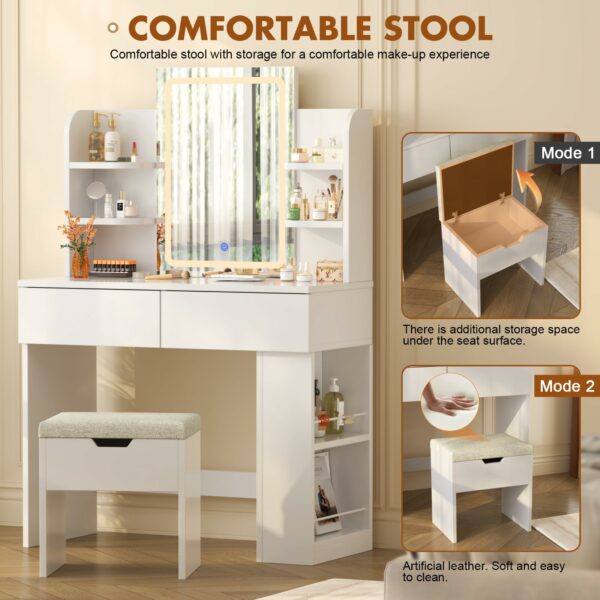 Devoko Dressing Table with Stool,Vanity Desk Set,Makeup Table with Adjustable Brightness LED Mirror,2 Drawers,4 Storage Shelves, 90 x 40 cm,Modern White