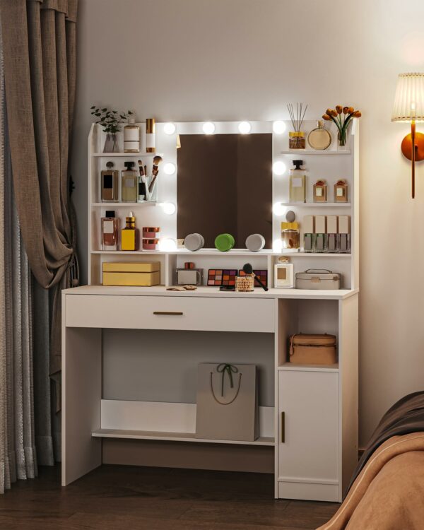 Hzuaneri Dressing Table, Large Tabletop with Mirror, LED Light with Adjustable Brightness, Organiser Drawers and Storage Cabinets, Open Shelves, for Bedroom, Cloakroom, White DT19903XUK