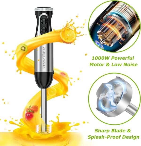 Bonsenkitchen Stainless Steel Hand Blender, 4-in-1 Stick Blender 1000W, 20 Speed Adjustable, with Whisk, 500ml Chopper and 700ml Measuring Cup, Food Processor (HB3203)