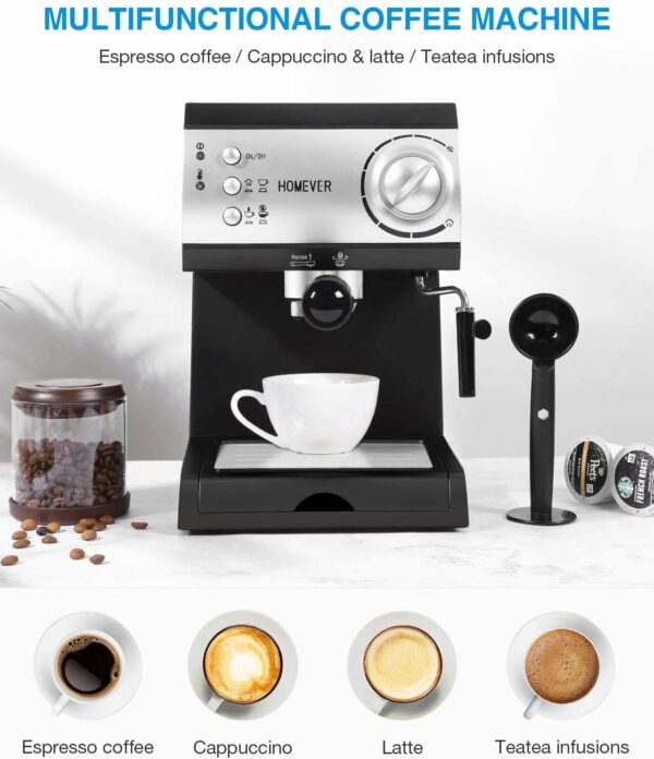 Homever Espresso coffee machine with milk steamer, Traditional 15 Bar High Power Coffee Maker Built in Italy Barista Pump, Ground Coffee Machines with 1.5L Water tank for Cappuccino, Latte, Macchiato