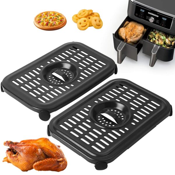 GCQ Air Fryer Grill Pan for Ninja Foodi AF300UK 6 in 1 7.6L Dual Zone Digital Air Fryers, 2 Packs Replacement Air Fryer Crisper Plate Grill Plate Tray Accessories with Rubber Bumpers, Dishwasher Safe
