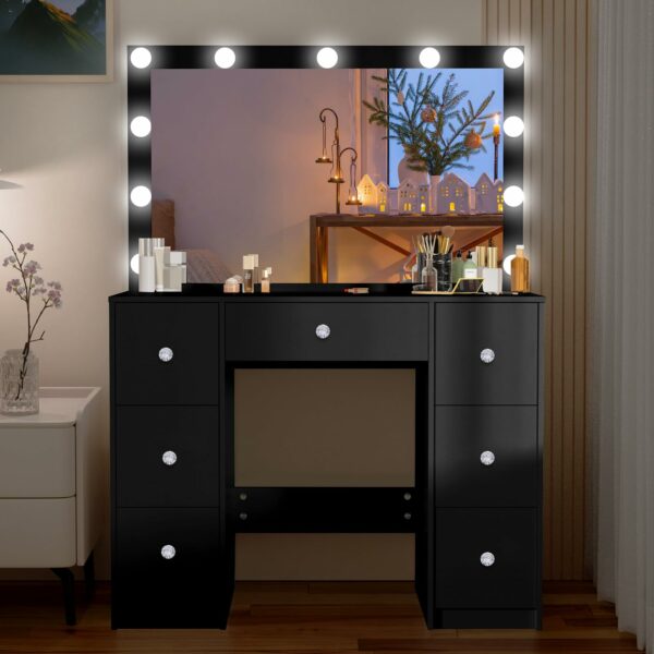 Guanglai Makeup Vanity with Large Lighted Mirror & 6 Drawers, Vanity Desk set 3 Lighting Modes Adjustable Brightness, Dressing Table for Women Girls, Crystal handle, Black
