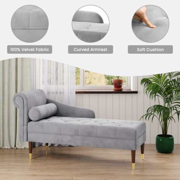 Vesgantti Velvet Chaise Longue, Indoor Lounge Sofa with Left Armrest and Lumbar Pillow, Upholstered Chaise Lounge for Living Room Bedroom and Office, Tool-free Assembly(Grey)