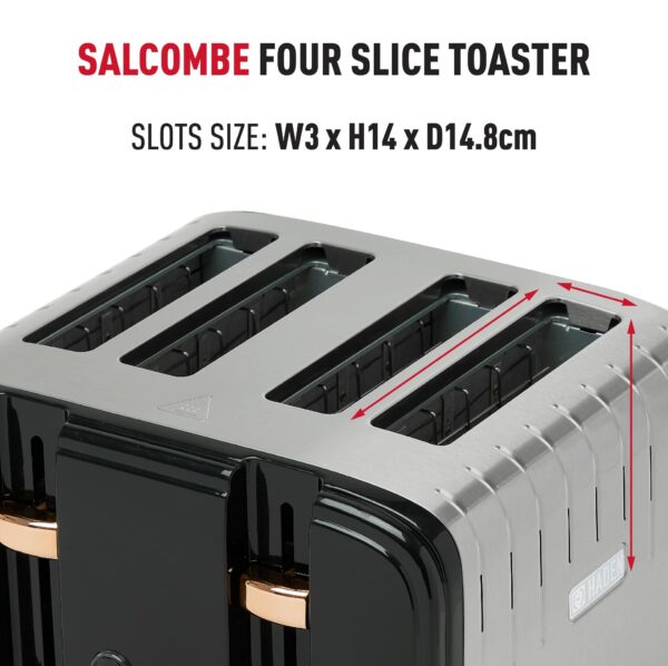 Haden Salcombe Black 4 Slice Toaster - Dual Browning Control, Retro Design, Wide Slot Toaster - Stainless Steel Housing