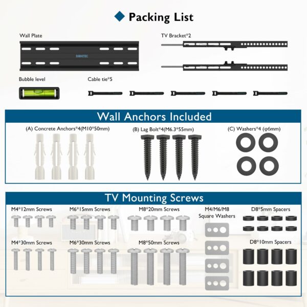 BONTEC Ultra Slim TV Wall Bracket, Tilting TV Wall Mount for 23-60 Inch TVs, Low Profile TV Bracket, Max VESA 400x400mm, Holds Up to 45kg, Spring Locking System, Includes 5 Cable Ties