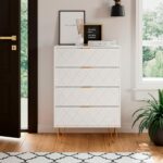 HEYZOEY Chest of Drawers, Wood 4 Drawers Cabinet Storage Organiser, Tall High Gloss Drawer Dresser with Gold Metal Legs for Bedroom, Living Room, Closet, Hallway, White