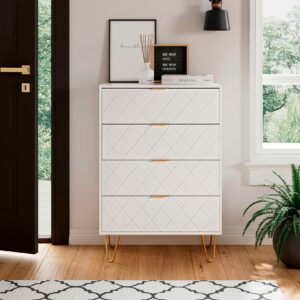 HEYZOEY Chest of Drawers, Wood 4 Drawers Cabinet Storage Organiser, Tall High Gloss Drawer Dresser with Gold Metal Legs for Bedroom, Living Room, Closet, Hallway, White