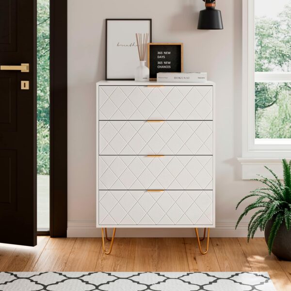 HEYZOEY Chest of Drawers, Wood 4 Drawers Cabinet Storage Organiser, Tall High Gloss Drawer Dresser with Gold Metal Legs for Bedroom, Living Room, Closet, Hallway, White