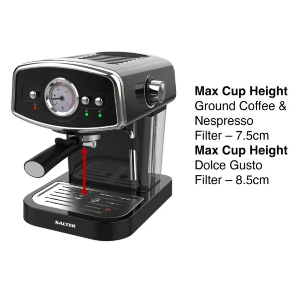 Salter EK4620 3 in 1 Barista Deluxe Coffee Machine,Compatible with 30/54 mm Capsules and Ground Coffee,Espresso and Cappuccino Maker with Milk Frothing Wand, 19-Bar Italian Pressure Pump,1050 W,Black