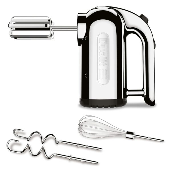 Dualit Hand Mixer Chrome - 400W - Strong Grip Handle - Attachments Included - Integral Plug Storage - 4 Speed Settings - Repairable gears - Flat Beaters, Dough Hooks, Balloon Whisk