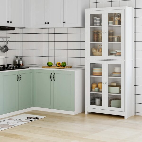 FOREHILL 190cm Display Cabinet with 4 Glass Doors Tall Bookcase Kitchen Cupboard Sideboard Storage Cabinet Living Room White