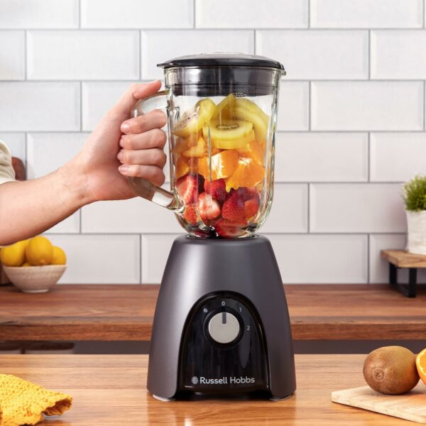 Russell Hobbs Jug Blender [Smoothie Maker] Mixer for Juices & Baby Food (1.5L Glass Jar, 2 speeds & pulse settings, Stainless-steel blades, BPA-free, 850W Peak Power) Matte Charcoal 27121