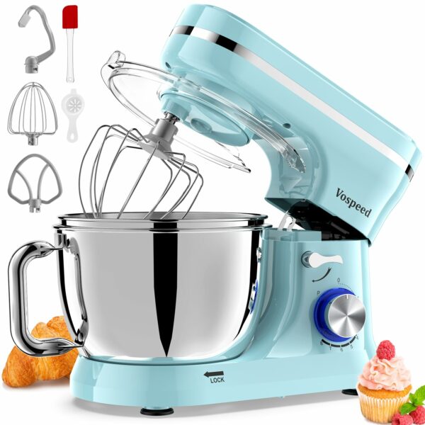 Vospeed Stand Mixer, 4.5L+5L Bowls 8-speed 1000W Tilt-Head Food Mixer for Baking, Kitchen Electric Mixer with Dough Hook, Whisk, Beater, Splash Guard (Bule)
