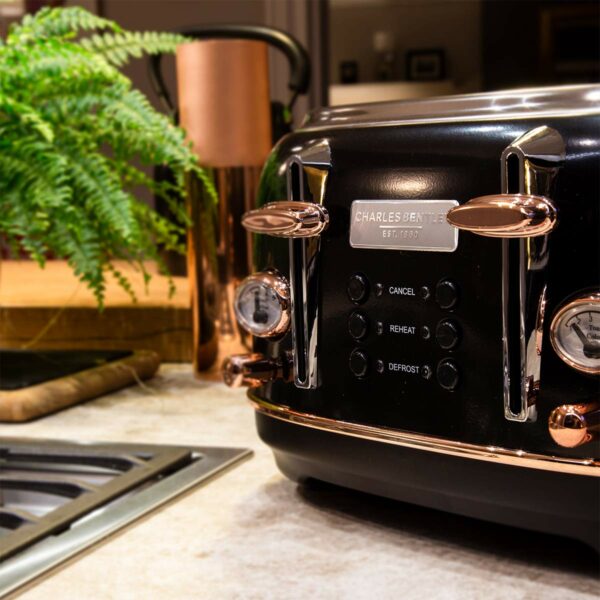 Charles Bentley 1.7L Kettle & 4 Slice Toaster Set Black & Rose Gold Fast Boil 360 Swivel Base 6 Setting Removable Water Filter