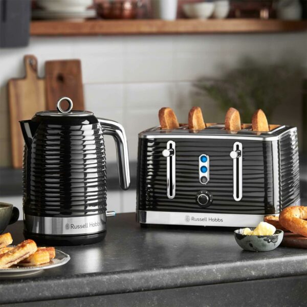 Russell Hobbs Inspire 4 Slice Toaster (Extra wide slots, High lift feature, 6 Browning levels, Frozen/Cancel/Reheat function with Blue LED illumination, 1800W, Black textured high gloss) 24381
